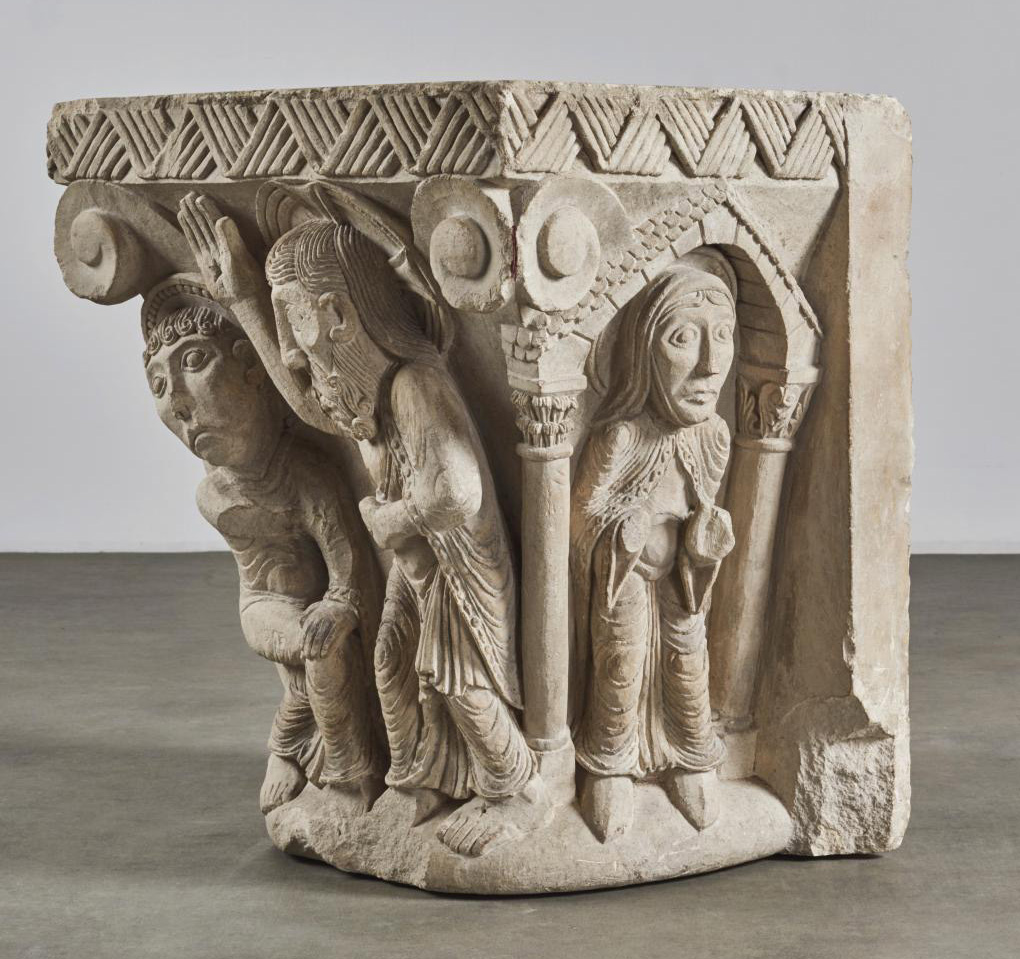 Spain, first half of the 12th century, important attached stone capital with a high-relief carving of doubting St. Thomas, 59.8 x 51 x 45.