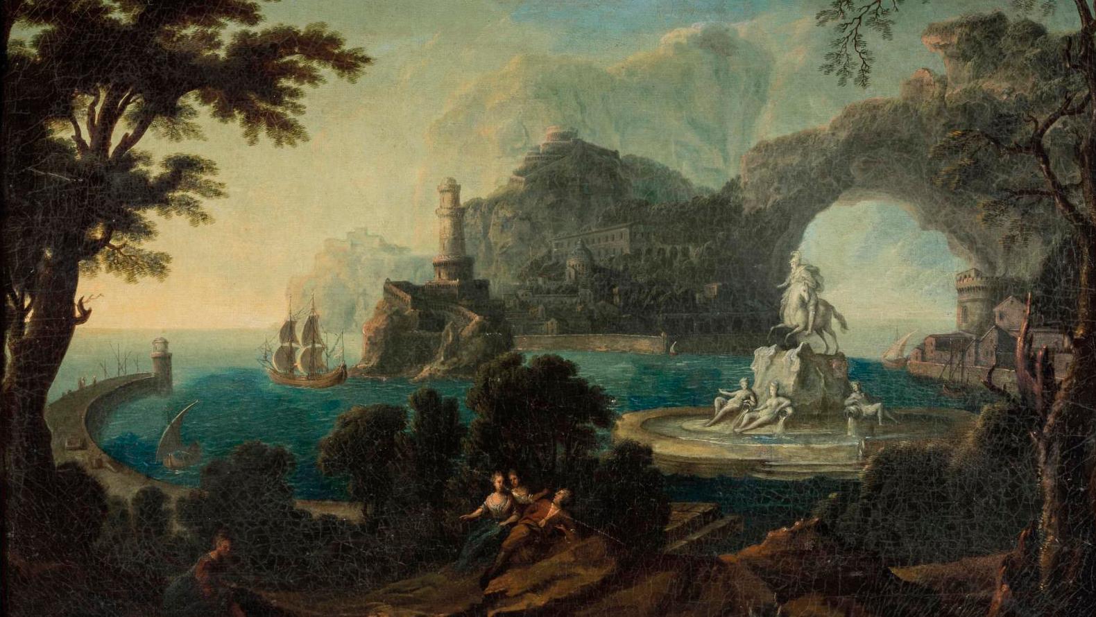 Jean Mariège (active 1721-1728), Vues de ports imaginaires avec statues et personnages... A French Capriccio by Jean Mariège