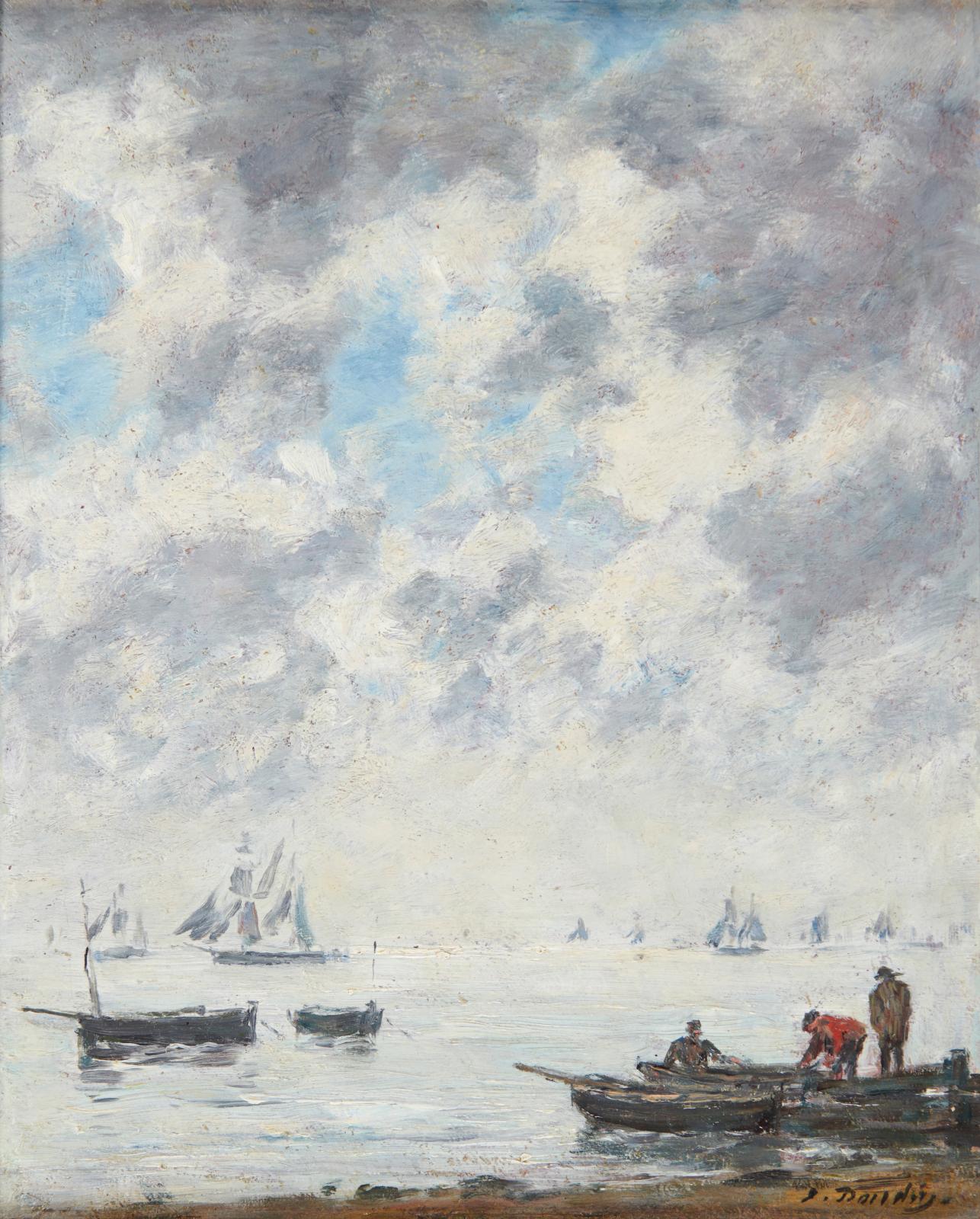 L’art du grand Eugène Boudin (1824-1898) était aussi à portée avec cette Marine, soleil couchant, une huile sur panneau brossée vers 1885-