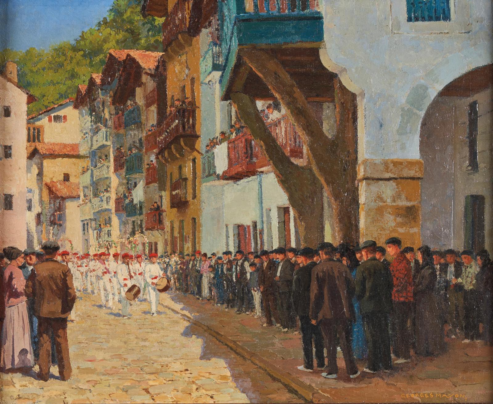 Georges Masson (1875-1949), Procession des txistularis à Pasajes, huile sur toile signée, 51 x 62 cm. Estimation : 17 980 €