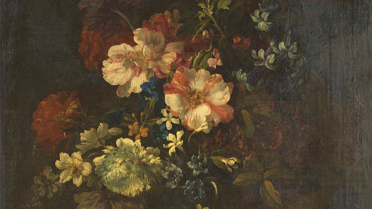Jean-Baptiste Monnoyer (1636-1699), Vase de fleurs sur un entablement, huile sur... Nature morte et portrait façon Grand Siècle
