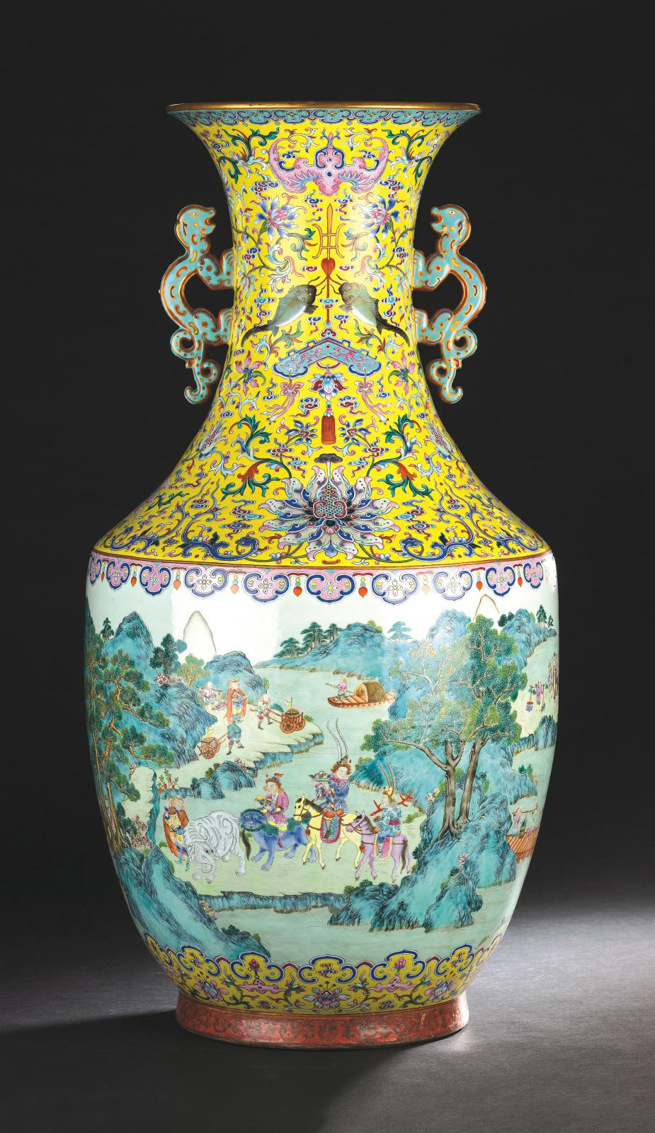 China, Qing dynasty, Jiaqing mark and period (1796-1820). Imperial famille rose porcelain vase, iron red six-character mark in juanshu, h.