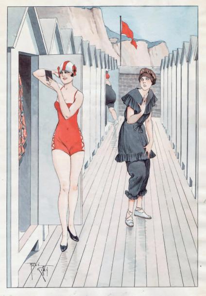 620 € René Giffey (1884-1965), Aux bains de mer. Deux écoles, gouache directe sur papier pour une illustration parue dans Fantasio, signée