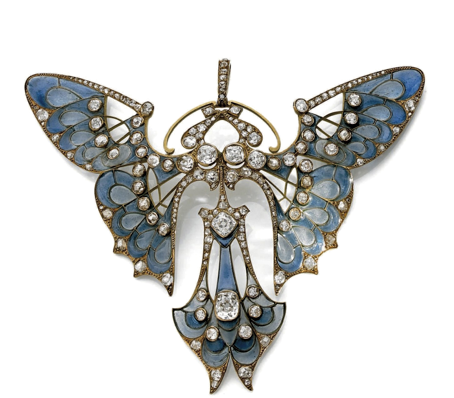 51 625 € Maison Vever, vers 1900, pendentif papillon en or jaune 18 ct, diamants taille ancienne sur un fond émaillé plique-à-jour bleu, p