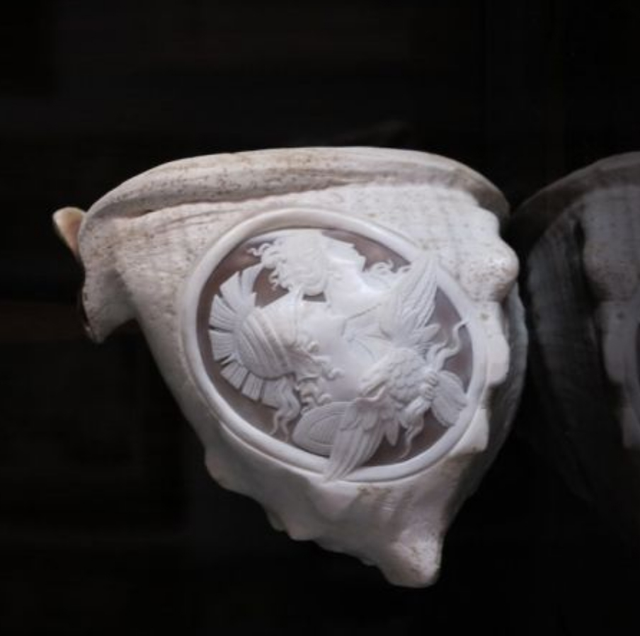 520 € Coquillage Cassis madagascariensis sculpté dans un médaillon ovale imitant un camée des profils de Mars et de Vénus, travail françai