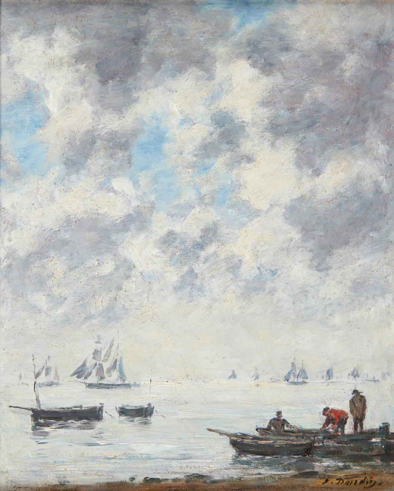 A painting by the great Eugène Boudin (1824–1898), Marine, soleil couchant (Seascape, Sunset), a c. 1885–1890 oil on panel (27 x 22 cm/10.