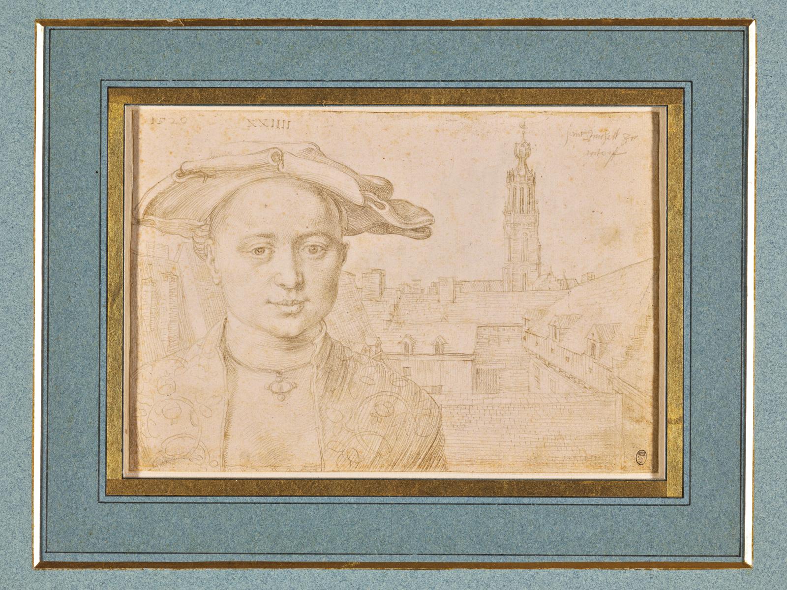 Albrecht Dürer, Feuillet de l’album de voyage aux Pays-Bas, Portrait d’un personnage devant l’abbaye Saint-Michel d’Anvers, pointe d’argen