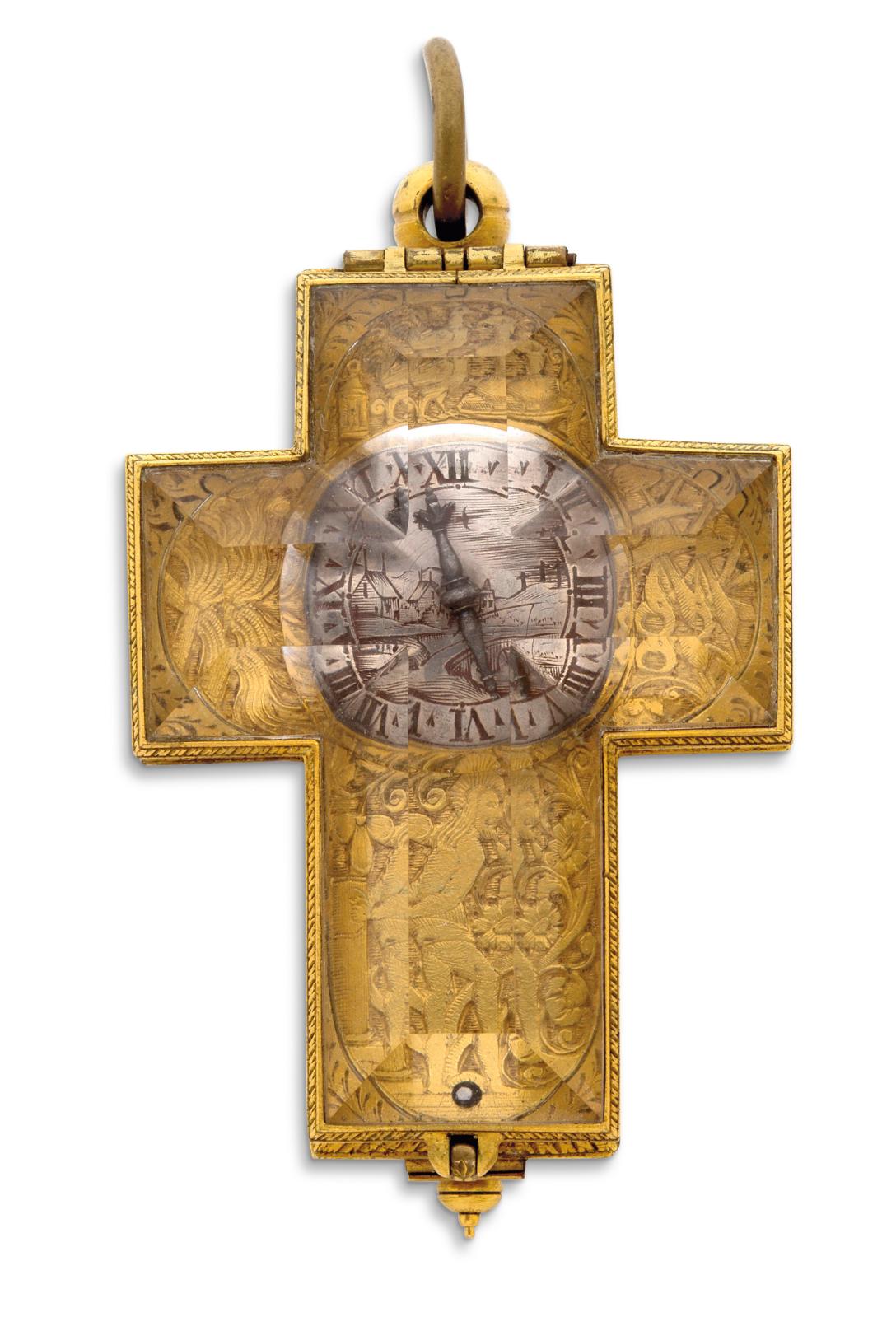 *Fonnereau, La Rochelle, milieu du XVIIe siècle, montre en forme de croix, en métal doré et cristal de roche, pré-balancier spiral, cadran