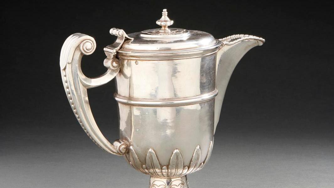 Paris, 1686-1687, silver ewer on a circular pedestal with moldings, body decorated... A Miraculous Survivor Once Owned by a Lieutenant-General in Louis XIV’s Army