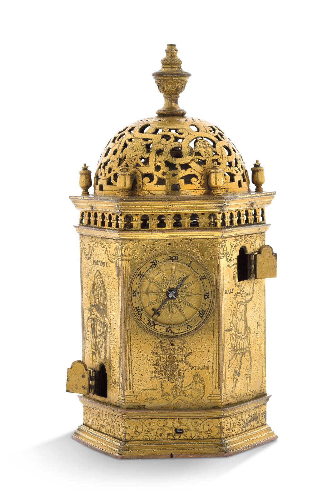 P. Plantard, Abbeville, mid-16th century, gilded copper table clock shaped like a hexagonal tower with the arms of Guillaume Bailly, Comte