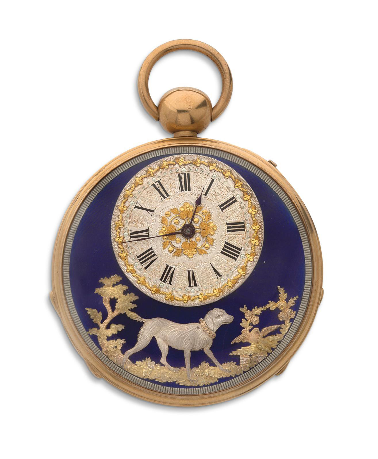 Swiss work attributed to Piguet Meylan, early 19th century, gold watch with chimes, an automaton dog moving its head and reproducing the s