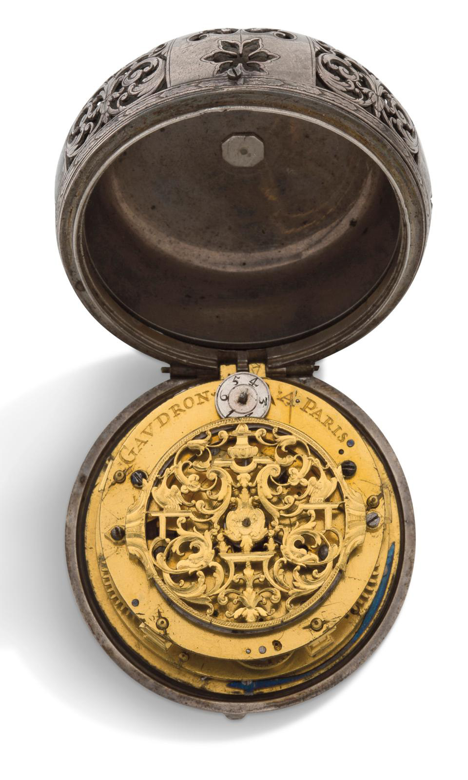 Gaudron, Paris, late 17th century, silver “onion” watch with chimes and an alarm, foliage decoration, mechanical movement with key winding
