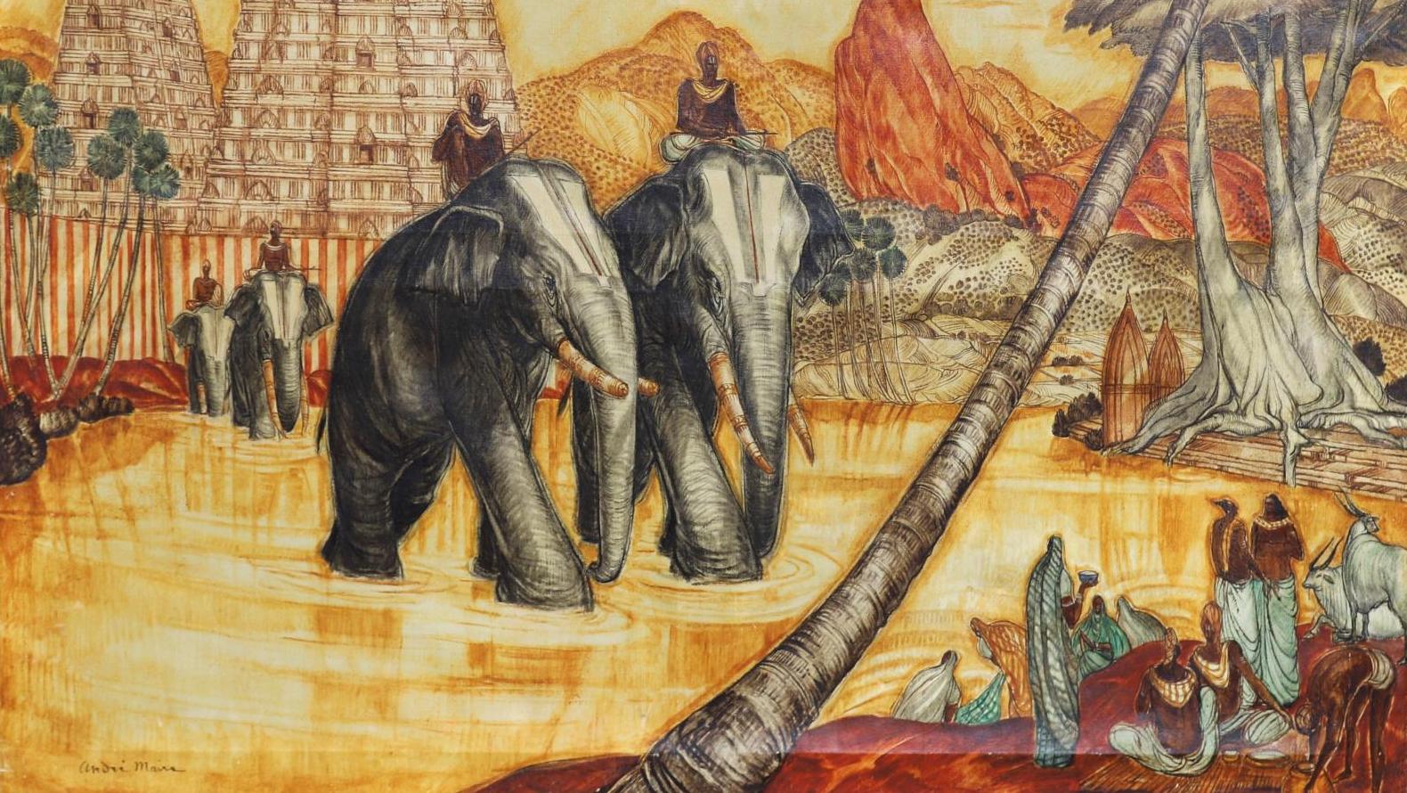 André Maire (1898-1984), Les Éléphants sacrés à Madurai, huile sur toile d’origine,... André Maire, un peintre voyageur et humaniste