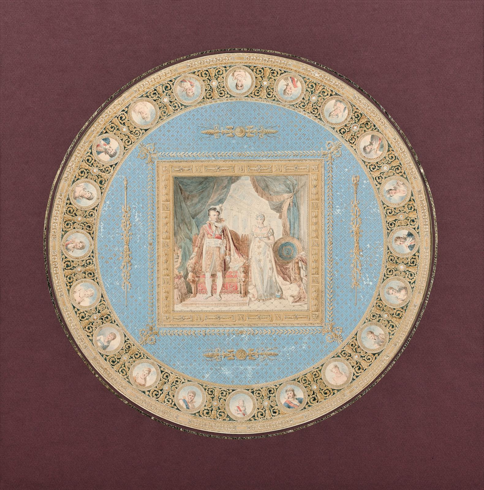 Jean-Baptiste Isabey (1767-1855), Projet pour Sèvres : la table de la famille impériale, 1811, aquarelle gouachée, plume et encre noire, d