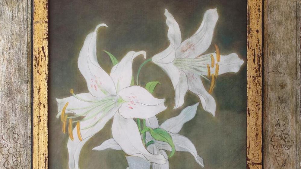 Mai-Thu (1906-1980), Vase de lys blancs ou liliums sur un entablement, 1957, encre... Quand Mai-Thu revisite la nature morte