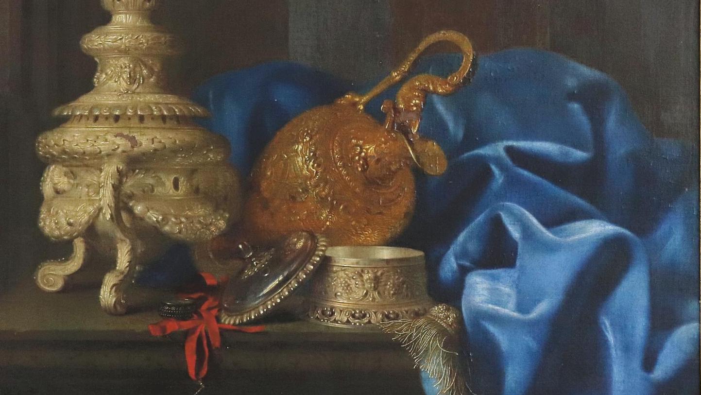 Meiffren Conte (1630-1705), Des pièces d’orfèvrerie sur un entablement, toile, 76 x 96 cm. Adjugé :... Jade, porcelaine et orfèvrerie