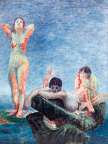 1 290 € Ernest Blancher (1855-1935), plaque en cuivre émaillé polychrome figurant trois jeunes filles sortant d’un bain de mer, d’après L’