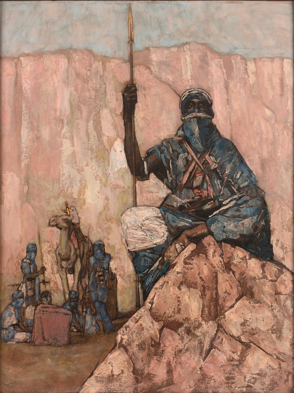 Paul Jouve (1878-1973), Touaregs assis, Tahoua, Filingué, Niger, vers 1932, panneau d’Isorel, 72,5 x 54,5 cm (détail). Estimation : 30 000