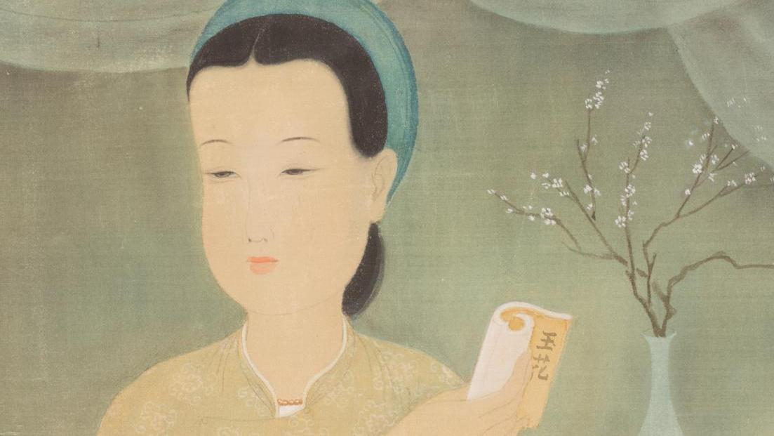 Mai-Thu (1906-1980), Jeune femme lisant, 1943, encre sur soie, 46 x 55 cm (détail).Adjugé... Quand Mai-Thu rencontre James Barry