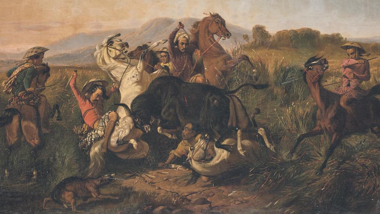 Raden Salèh Sarief Bustaman dit Raden Saleh (vers 1811-1880), La Chasse au taureau... Record mondial pour Raden Salèh !
