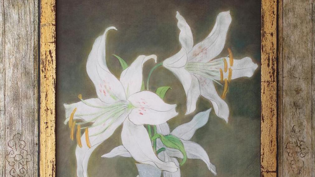 Mai-Thu (1906-1980), Vase de lys blancs ou liliums sur un entablement, 1957, encre... Mai-Thu, Roger Muhl et «blanc de Chine»