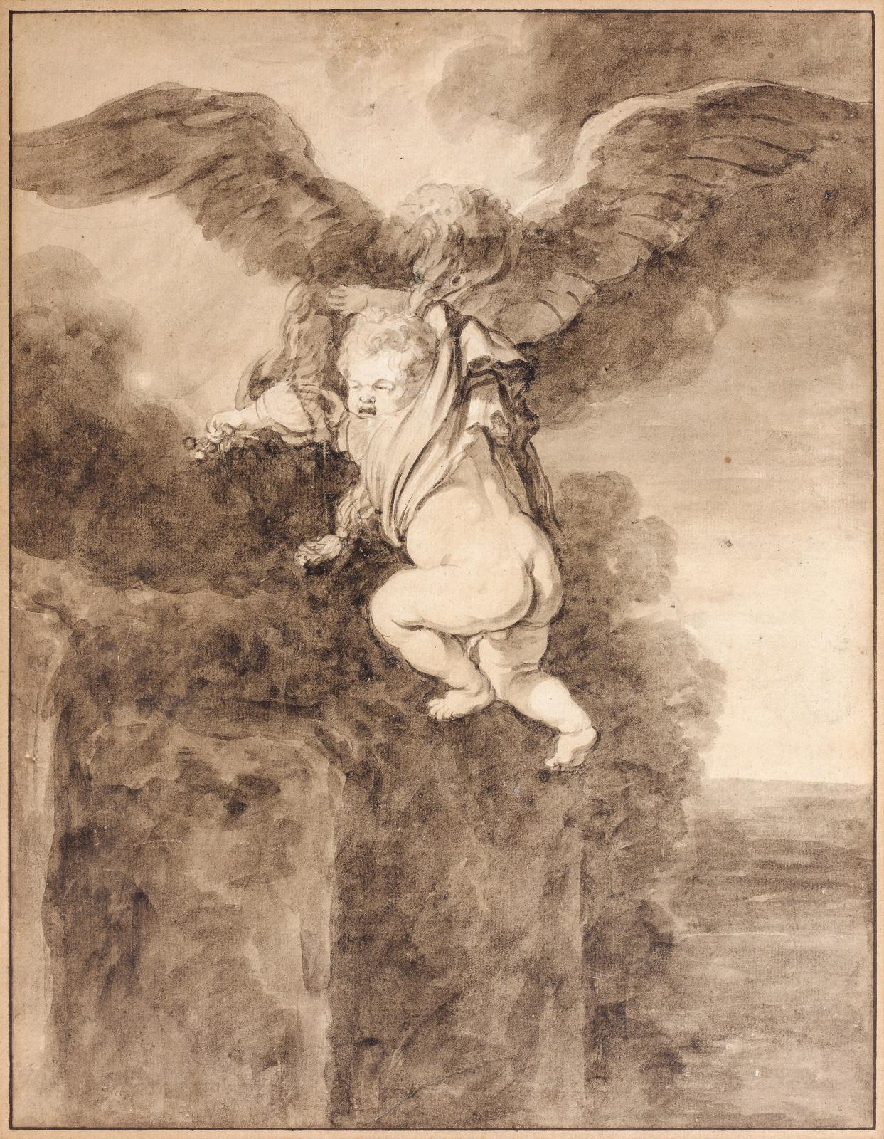 Jean-Honoré Fragonard (1732-1806), d’après Rembrandt Van Rijn (1606-1669), L’Enlèvement de Ganymède, plume, encre noire et lavis d’encre d