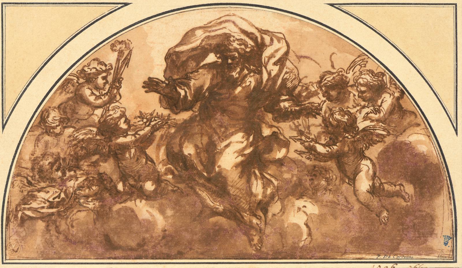 Pietro Berrettini dit da Cortona (1596-1669), Dieu le Père entouré d’anges tentant les instruments de la Passion, plume, encre brune, lavi