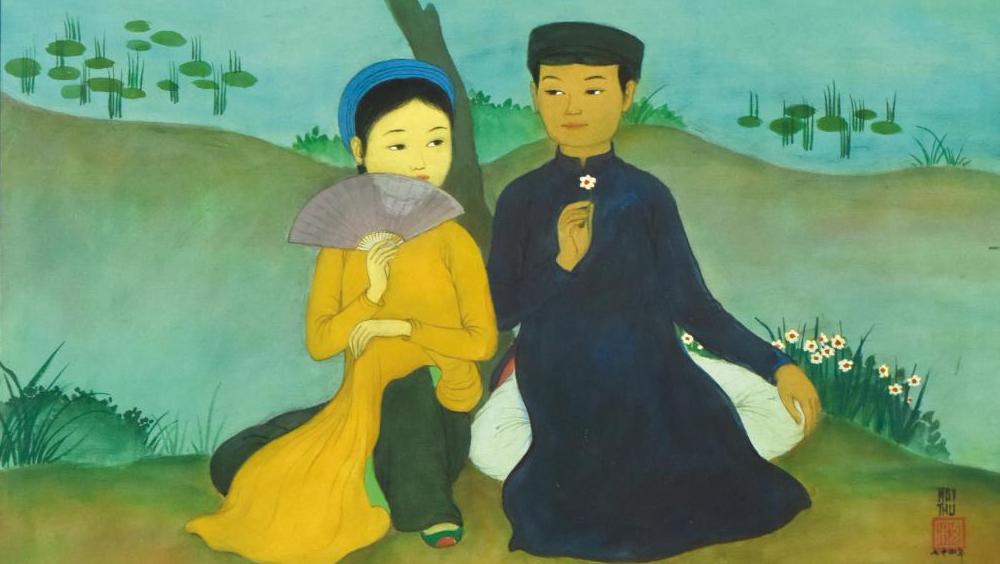 Mai-Thu (1906-1980), Couple avec éventail sous un cerisier en fleur, 1974, encre... Le Vietman rêvé de Mai-Thu 