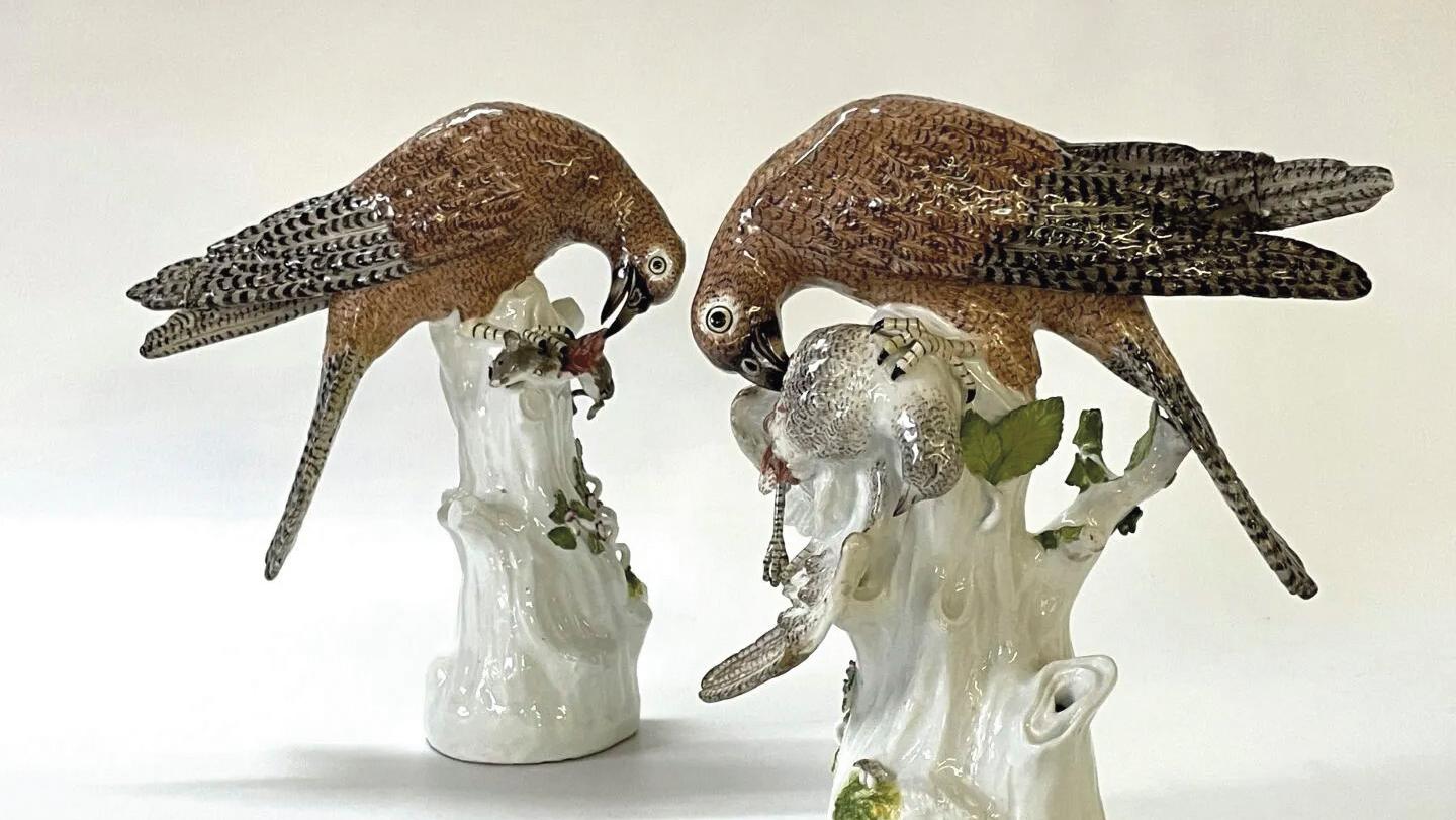 Meissen, milieu du XVIIIe siècle. Faucons crécerelles dépeçant leur proie, paire... Meissen par Kändler : quand la porcelaine prend vie