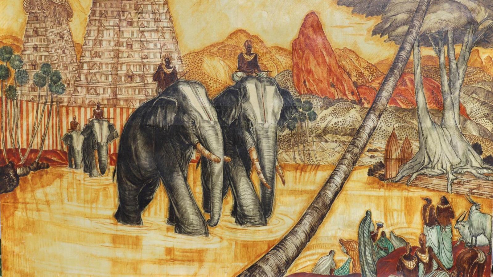 André Maire (1898-1984), Les Éléphants sacrés à Madurai, huile sur toile d’origine,... André Maire : sur la route de Madurai