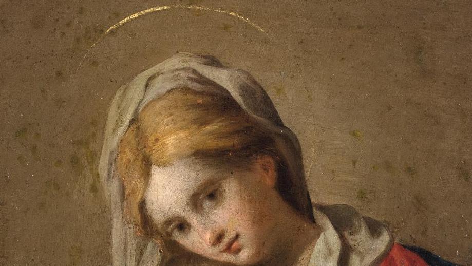 Peinte sur une plaque de cuivre, cette délicate Vierge à l’Enfant (21 x 15,5 cm)... Vierge sous influence