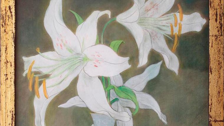 Mai-Thu (1906–1980), Vase de lys blancs ou liliums sur un entablement (Vase of White... Floral Mai-Thu and Blanc de Chine