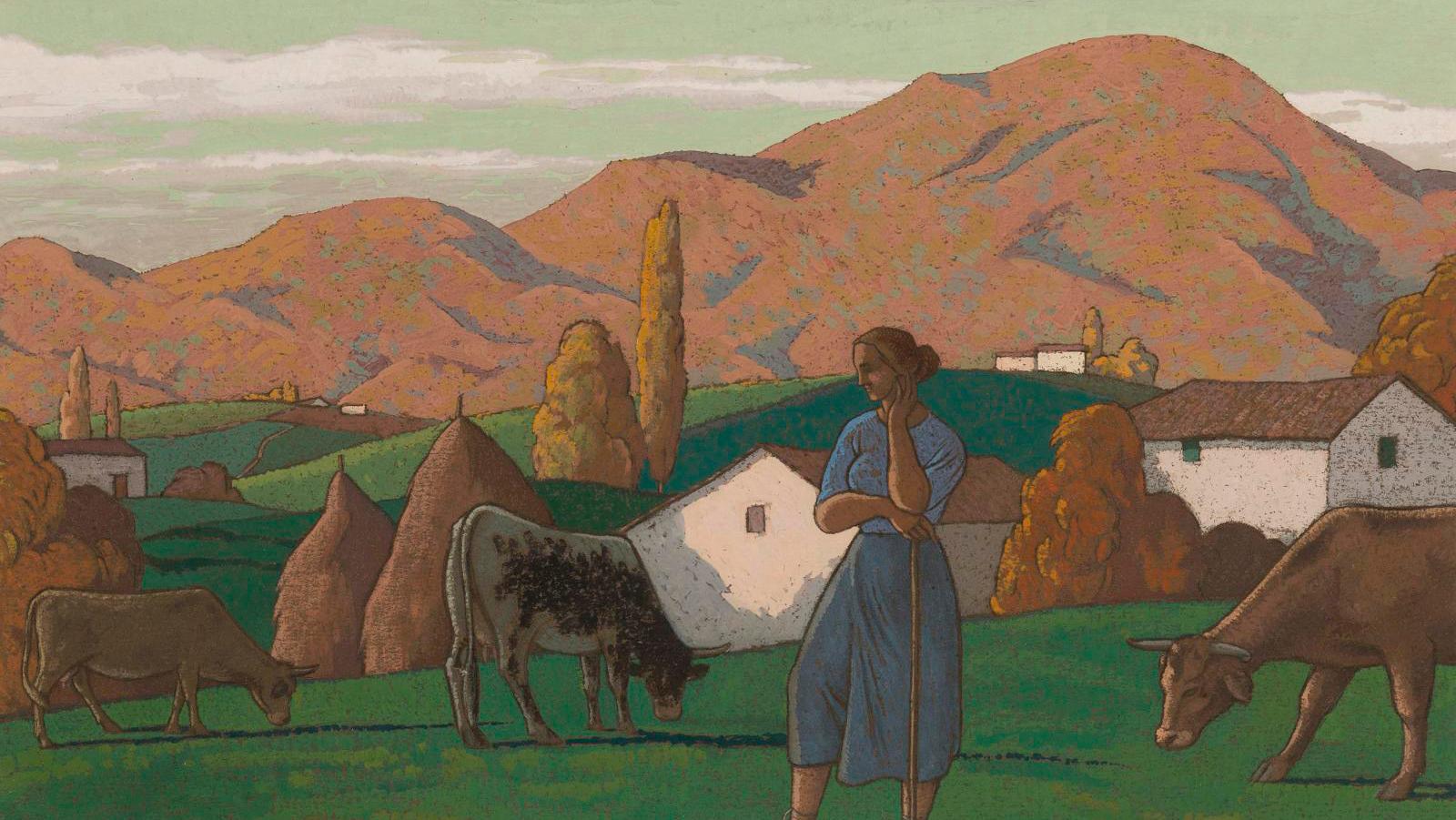Ramiro Arrue (1892-1971), La Gardeuse de vaches (The Cowherdess), signed gouache,... In the Basque Country with Arrue, Masson and Floutier