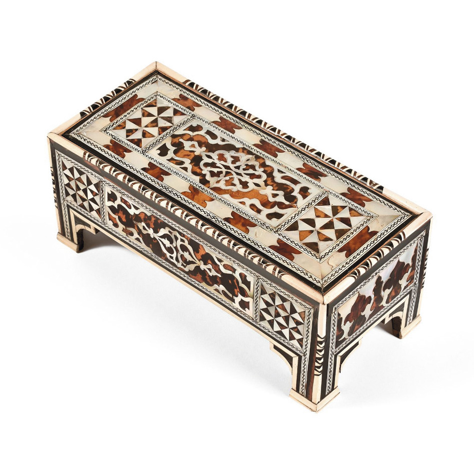 €36,651Ottoman Empire, late 17th century, scribe’s desk, wood, tortoiseshell, mother-of-pearl, ivory and bone, 13.5 x 33.5 x 14.7 cm/ 5.31