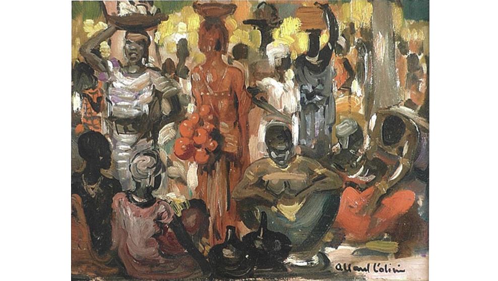 Fernand ALLARD L’OLIVIER (1893-1933) : Scène de marché au Congo, huile sur panneau... Fernand ALLARD L’OLIVIER (1893-1933)