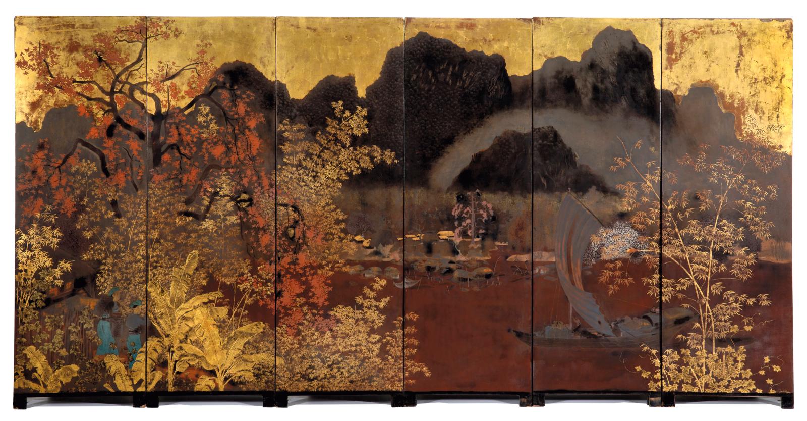 Lê Quoc Loc (1918-1987), Les Rapides de Cho Bo, 1942, paravent à six panneaux de laque à rehauts d’or, 100 x 32,7 cm chaque. Adjugé : 462 