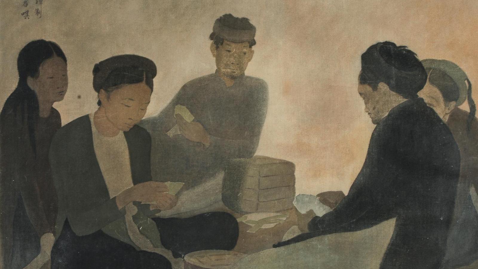 Thang Tran Phenh (1895-1973), Le Jeu de cartes, 1931-1932, peinture sur soie, 81 x 92 cm... Vu Cao Dam, Lé Phô et Victor Tardieu