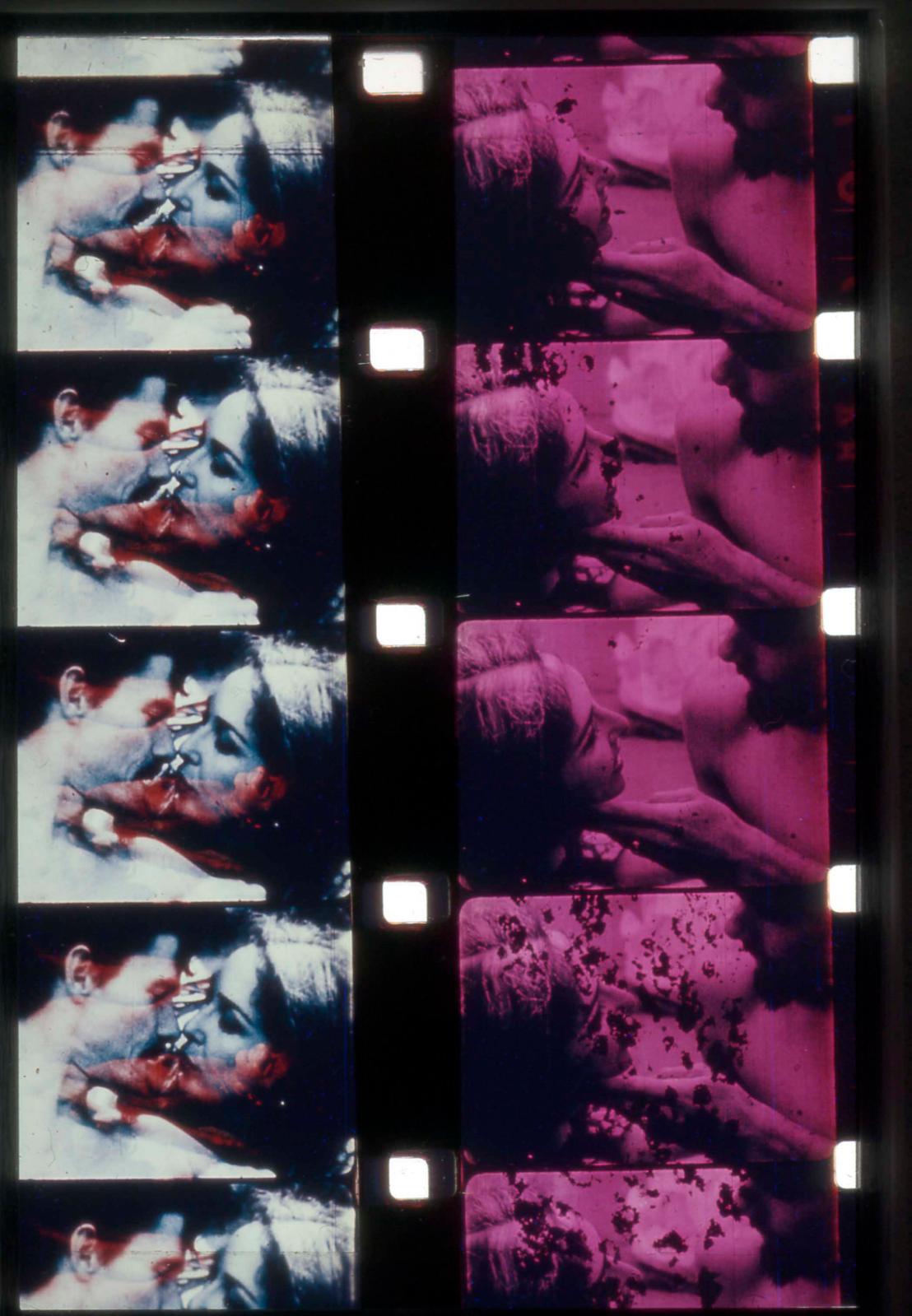 Carolee Schneemann. Two film strips from Fuses,1964–67, 16 mm film transferred to HD video, color, silent, 29:51 min. Original film burned