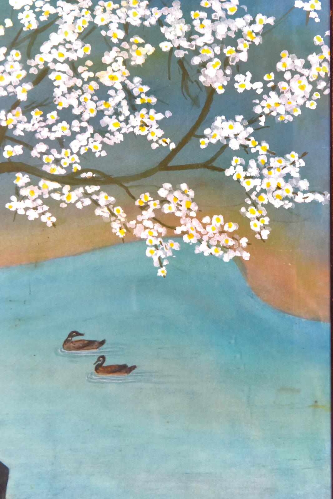 Mai-Thu, Couple avec éventail sous un cerisier en fleur, 1974, encre et couleur sur soie, 57 x 51,5 cm à vue (détail).Adjugé : 347 200 €