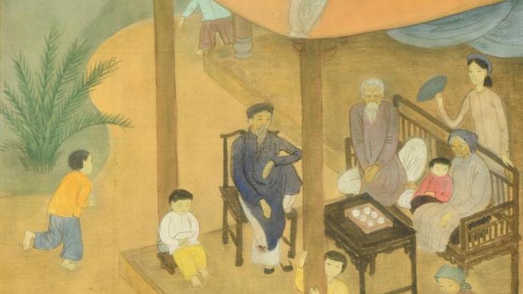Mai-Thu (1906-1980), Cinq générations, 1952, encre et couleur sur soie, signée et... Mai-Thu : les charmes discrets de la famille 