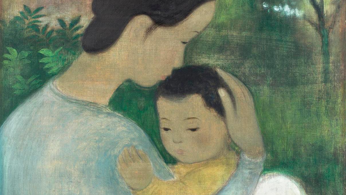 Vu Cao Dam (1908–2000), Motherhood, c. 1950, ink, colors and light gouache highlights... Lacquer and Silk: Vietnamese Painters at the Summit