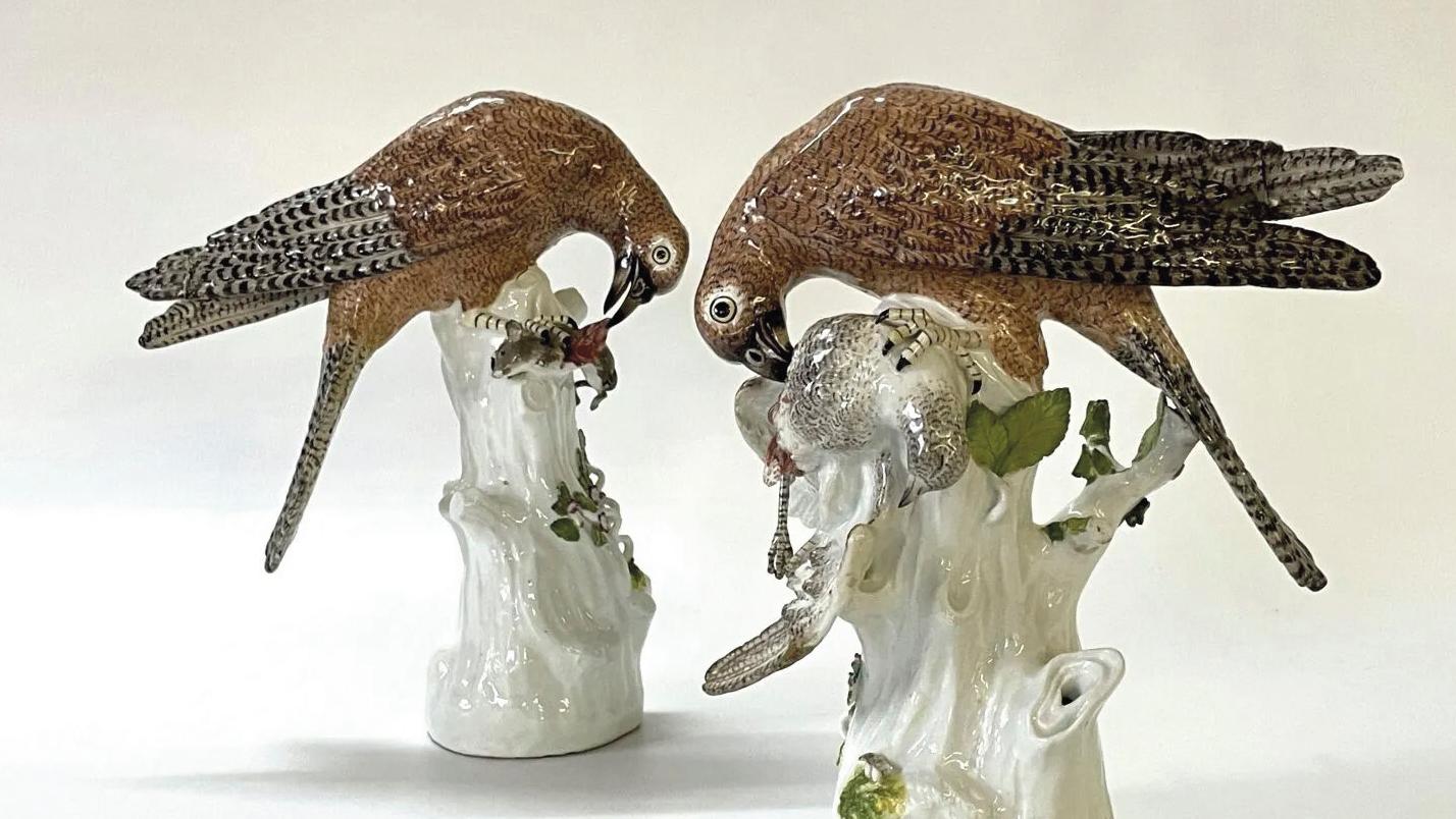 Meissen, mid-18th century, kestrels tearing apart their prey, pair of porcelain statuettes... Truer-Than-Life Falcons by Meissen