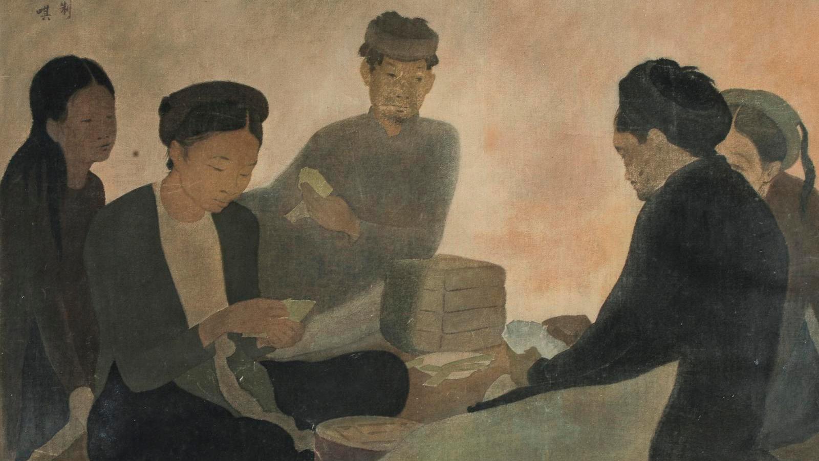 Thang Tran Phenh (1895–1973), The Card Game, 1931–1932, painting on silk, 81 x 92... Vu Cao Dam, Lé Phô, Victor Tardieu and Thang Tran Phenh