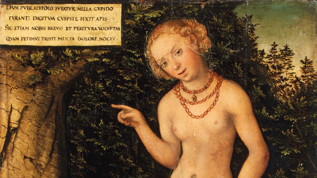 Lucas Cranach le Jeune (1515-1586), Vénus et l’amour voleur de miel, huile sur panneau,... La Vénus de Cranach le Jeune : la morale derrière les plaisirs