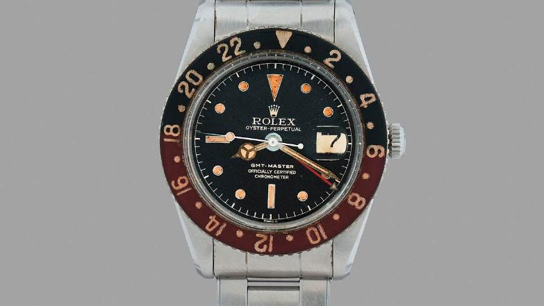 Rolex "Pussy Galore" GMT-Master, c. 1958, steel wristwatch, riveted Oyster bracelet,... A Rolex Pussy Galore at Auction