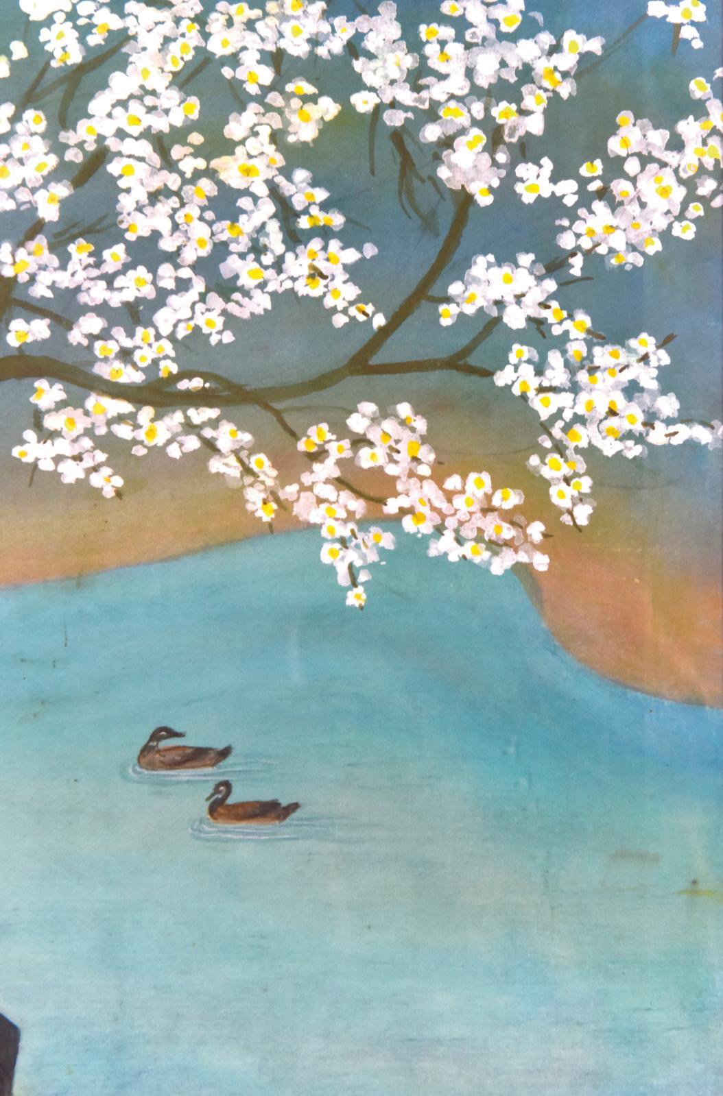 Mai-Thu, Couple with fan under a cherry tree in bloom, 1974, ink and color on silk, 57 x 51.5 cm/22.4 x 20.3 in at sight (detail).Result: 