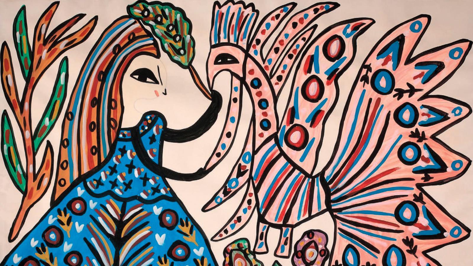 Baya (1931-1998), Femme à l’oiseau, 1989, gouache sur papier, 75 x 100 cm. Adjugé :... Un oiseau de Baya pour René de Obaldia 