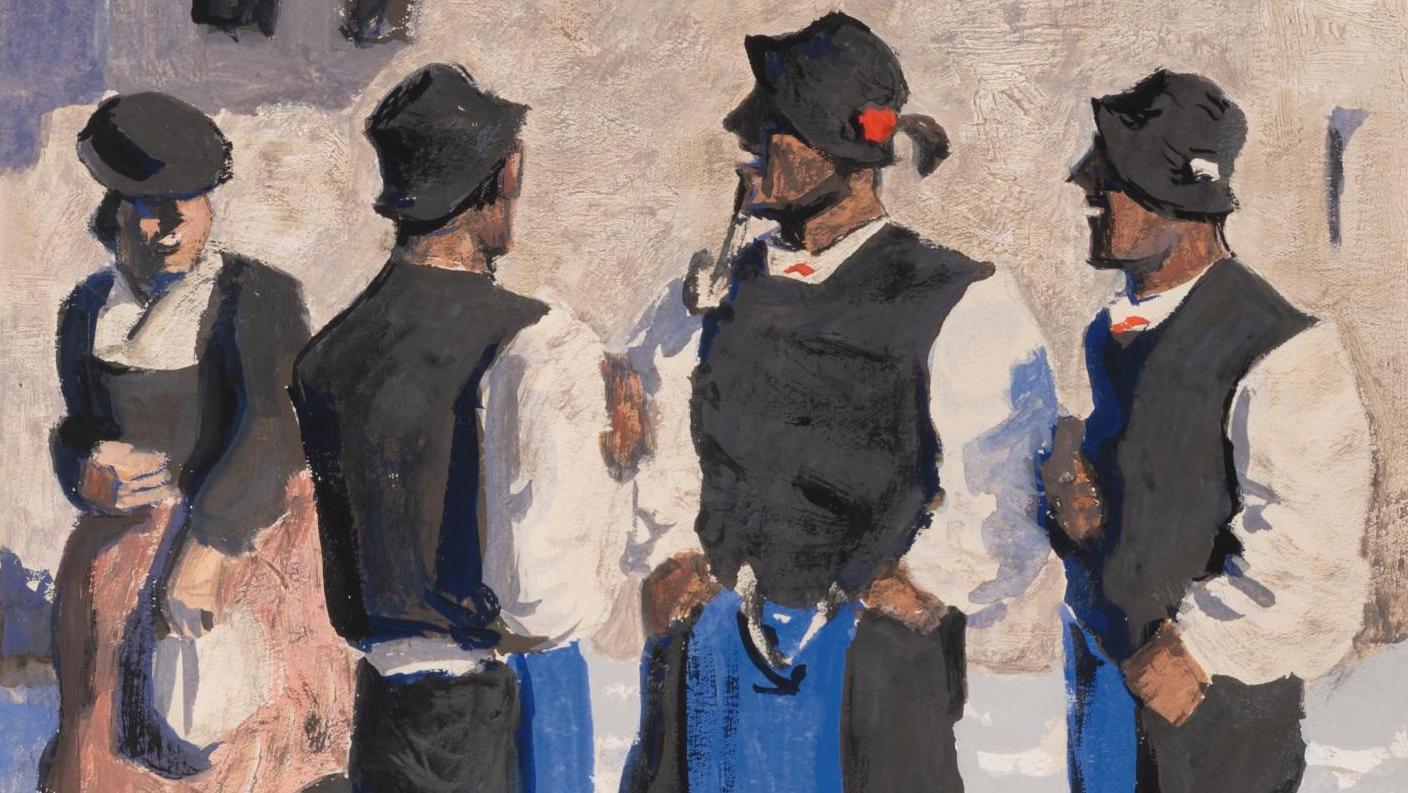 Alfons Walde (1891-1958), Trois Tyroliens, gouache sur papier, 48,2 x 42,4 cm.Adjugé :... Alfons Walde, un peintre au sommet 