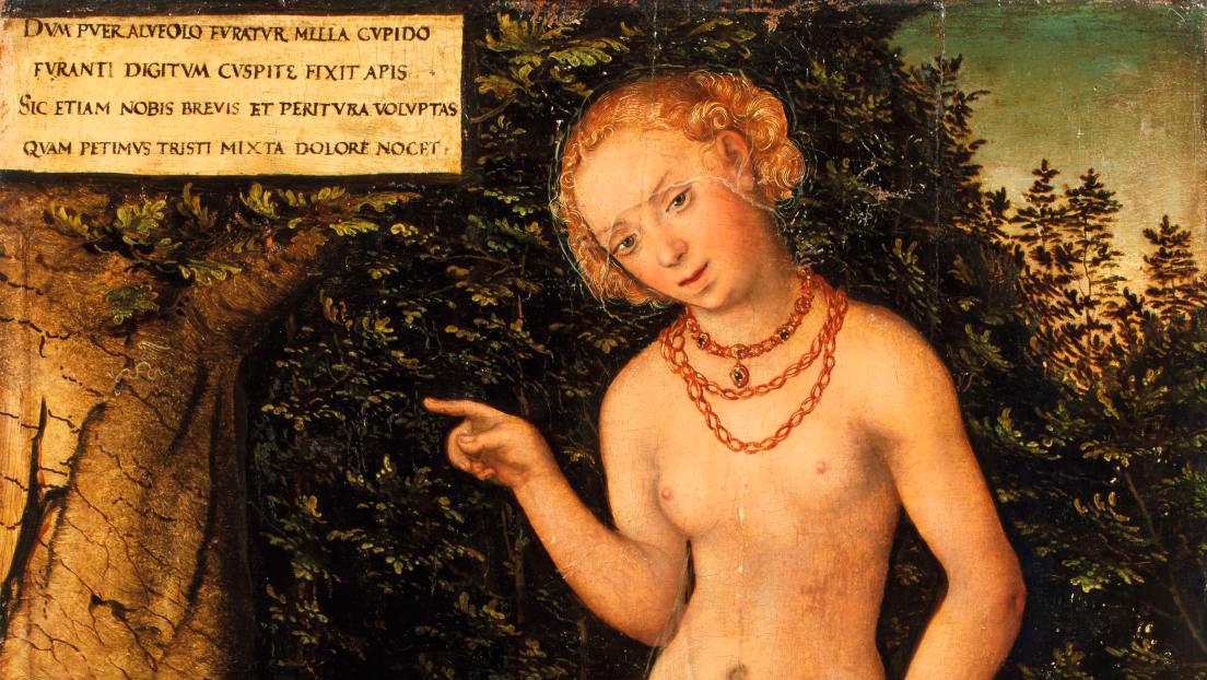 Lucas Cranach the Younger (1515-1586), Venus and Cupid Stealing Honey, oil on reinforced... A Venus by Lucas Cranach the Younger from the Former Demidoff Collection