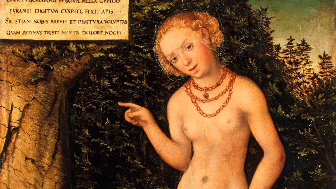 Lucas Cranach le Jeune (1515-1586), Vénus et l’Amour voleur de miel, huile sur panneau... Une vénus de Lucas Cranach le Jeune de l’ancienne collection Demidoff